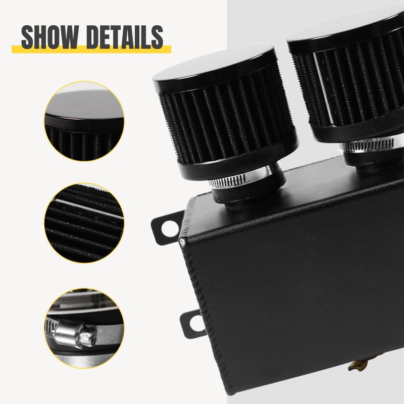 POSENG Universal Aluminum AN10 1.2L Twin Baffle Dual Filter Engine Oil Catch Can Tank With 2 Air Filters Oil Catch Reservoir Tank Can Breather Kit Black - Image 5